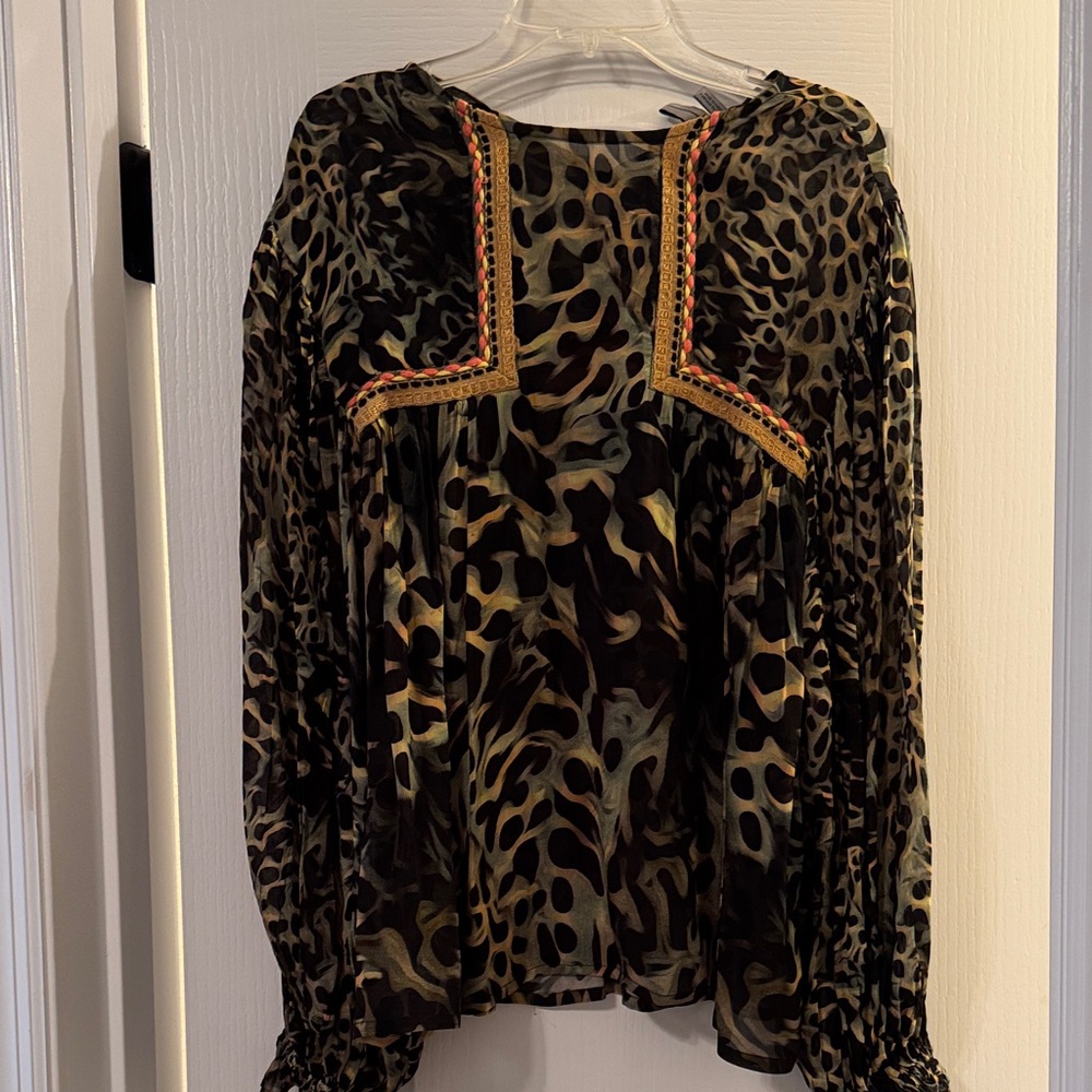 Elegant Leopard Print Blouse with Embroidered Accents